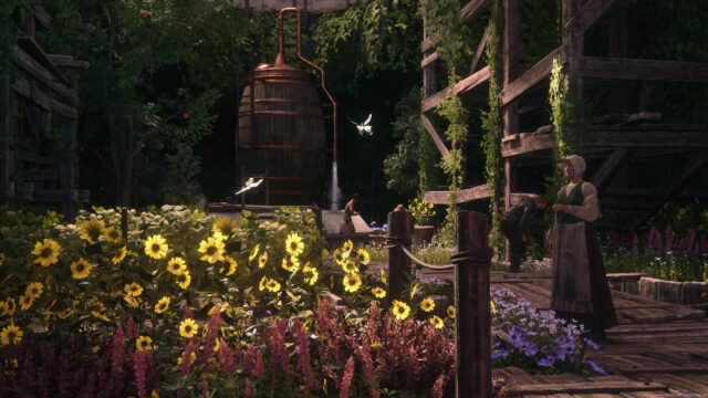 Serene Garden Retreat with Vintage Distilling Equipment 4K Desktop Wallpaper