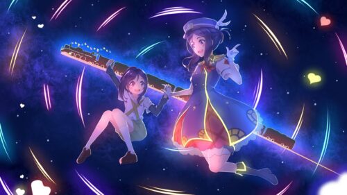 Anime Girls Floating with Magical Train in Space 4K Desktop Wallpaper