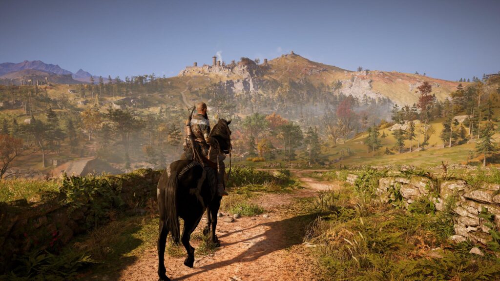 Eivor Riding Horse Towards Ancient Fortress in Assassin's Creed Valhalla 4K Wallpaper