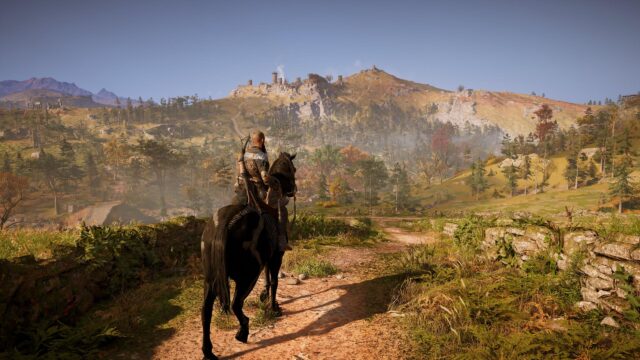 Eivor Riding Horse Towards Ancient Fortress in Assassin's Creed Valhalla 4K Wallpaper