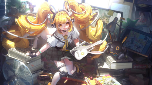 Anime Girl with Long Blonde Hair and Rabbit Headphones 4K Desktop Wallpaper
