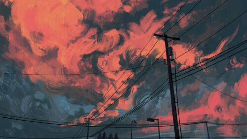 Fiery Sunset Sky with Power Lines Artistic Digital Painting 4K Desktop Wallpaper