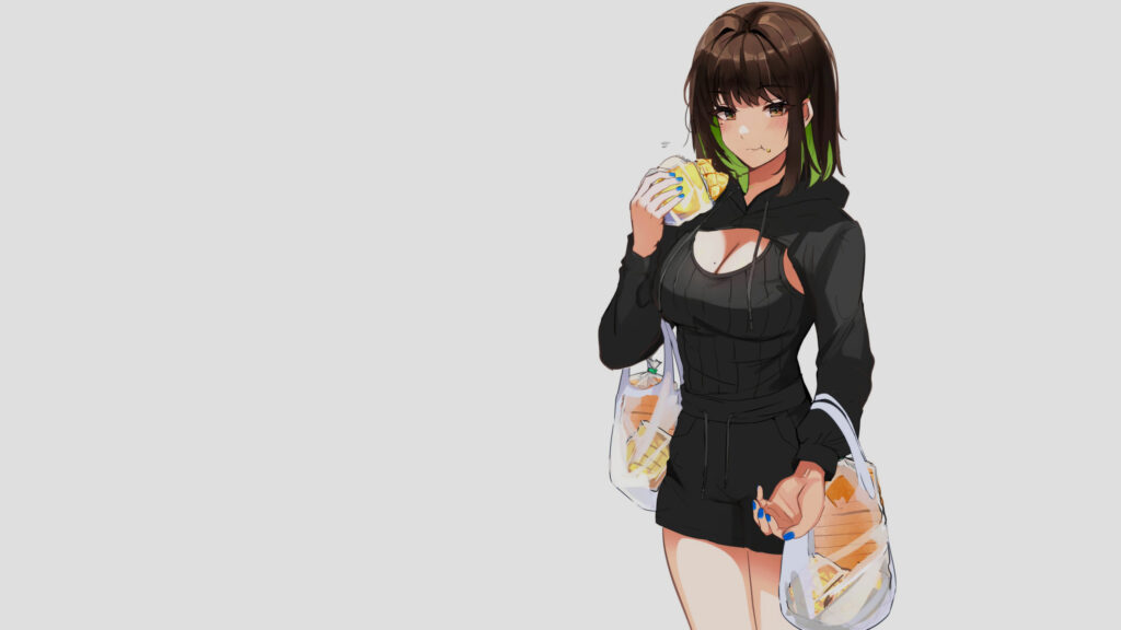 Anime Girl Eating Snack with Grocery Bags Minimalist Desktop Wallpaper