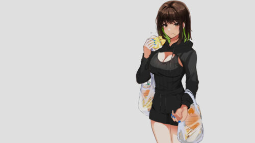 Anime Girl Eating Snack with Grocery Bags Minimalist Desktop Wallpaper