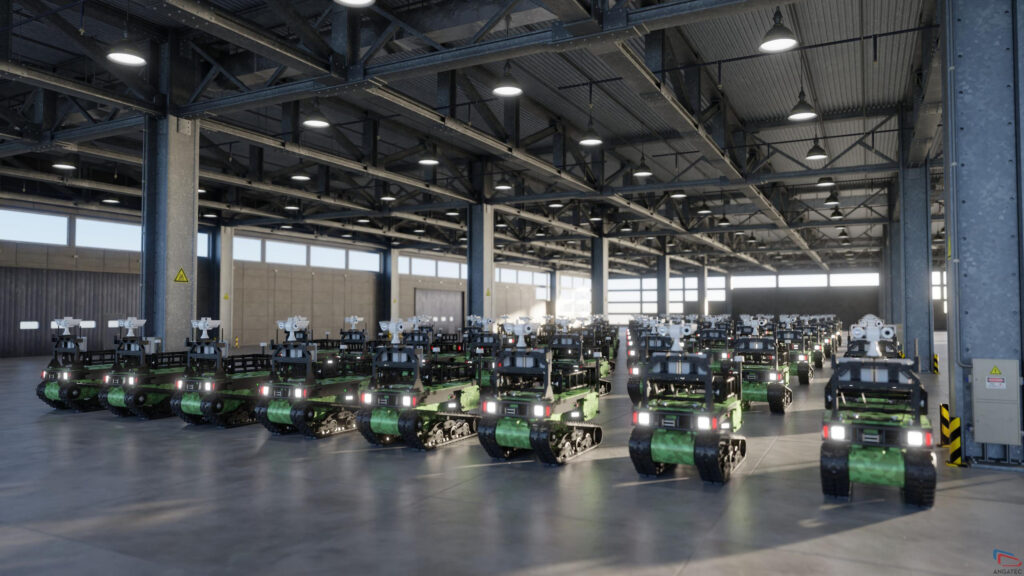 Futuristic Military Robot Fleet in Industrial Warehouse 4K Wallpaper