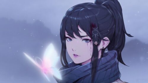 Anime Girl with Glowing Butterfly in Snowy Landscape Desktop Wallpaper