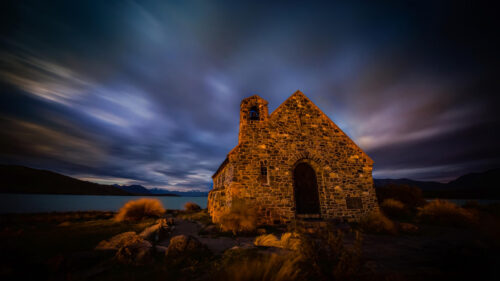 Church of the Good Shepherd by Lake Tekapo at Night 4K Desktop Wallpaper