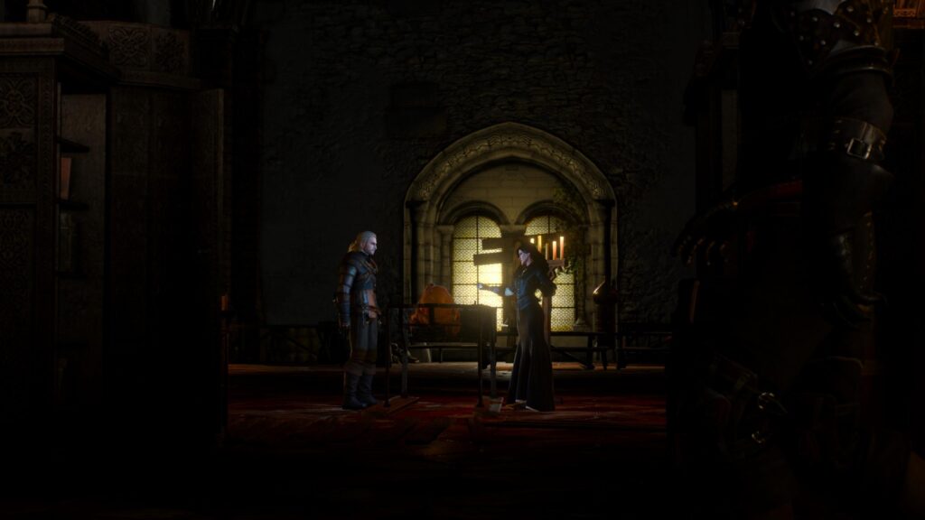 Geralt and Yennefer in Dark Medieval Chamber The Witcher 3 PC Wallpaper