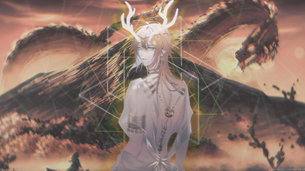 Anime Character with Glowing Antlers and Dragon Spirit 4K Desktop Wallpaper