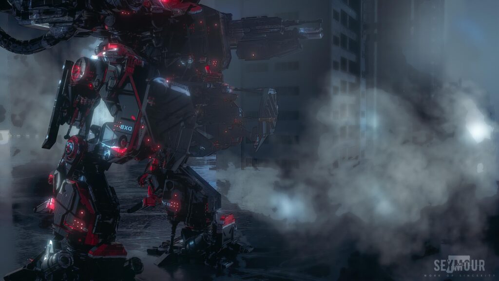 Massive Cyberpunk Combat Mech Standing in City Ruins PC Wallpaper