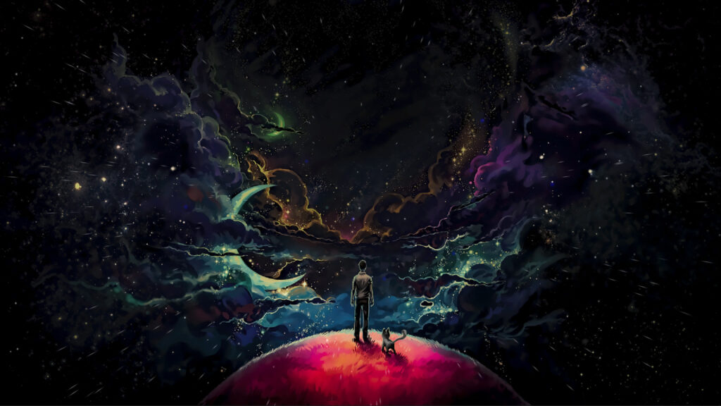 Lonely Voyager Standing on a Red Planet Under a Cosmic Nebula Desktop Wallpaper