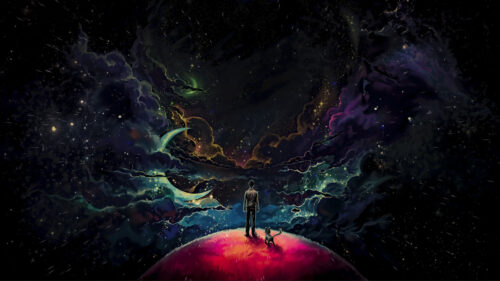 Lonely Voyager Standing on a Red Planet Under a Cosmic Nebula Desktop Wallpaper