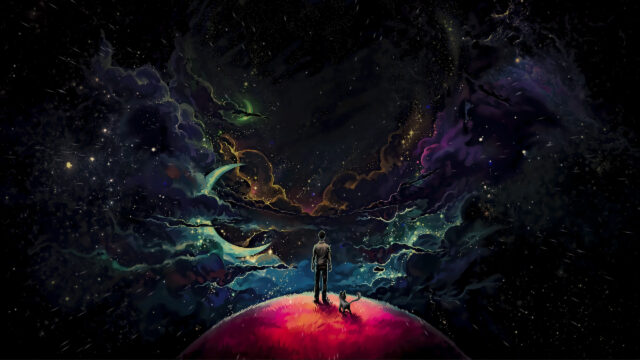 Lonely Voyager Standing on a Red Planet Under a Cosmic Nebula Desktop Wallpaper
