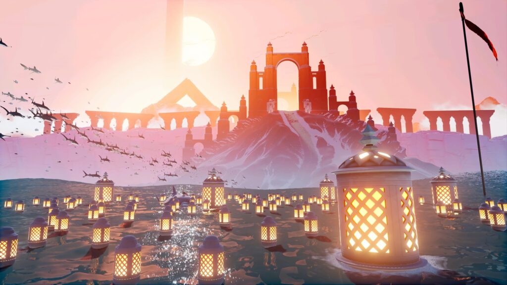 Surreal Dreamy Temple with Floating Lanterns and Sharks 4K Desktop Wallpaper