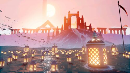 Surreal Dreamy Temple with Floating Lanterns and Sharks 4K Desktop Wallpaper