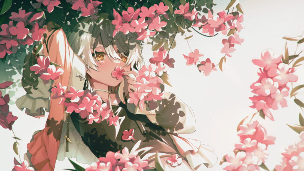 Anime Girl Surrounded by Vibrant Pink Spring Flowers Desktop Wallpaper