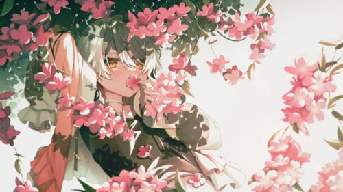 Anime Girl Surrounded by Vibrant Pink Spring Flowers Desktop Wallpaper