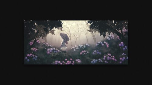 Anime Girl Walking with Umbrella in Hydrangea Garden Desktop Wallpaper