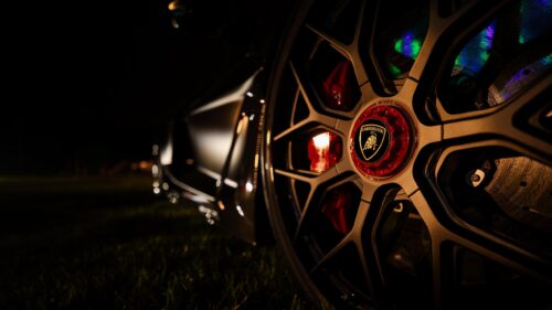 Lamborghini Wheel and Sport Brake Calipers Night Close-up Desktop Wallpaper