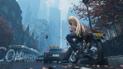 Anime Girl Smoking on Motorcycle in Misty Cityscape Desktop Wallpaper