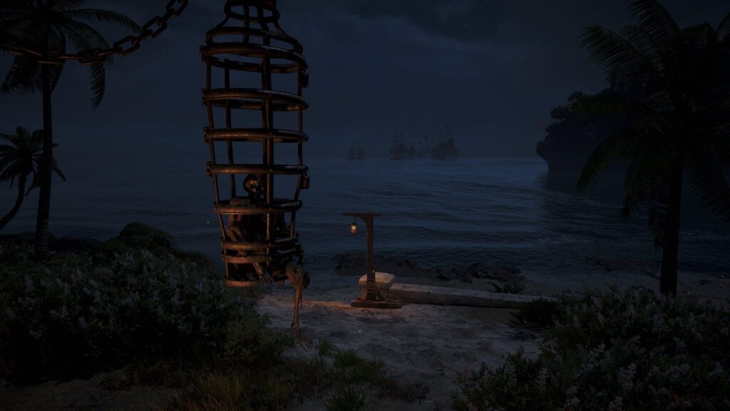 Eerie Pirate Skeleton in Hanging Cage by the Sea 4K Desktop Wallpaper