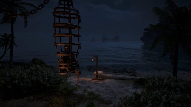 Eerie Pirate Skeleton in Hanging Cage by the Sea 4K Desktop Wallpaper