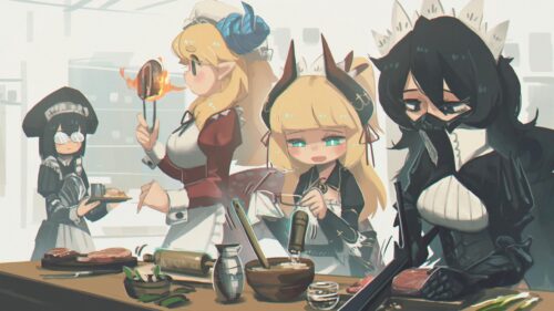 Anime Maids Cooking in the Kitchen Aesthetic Desktop Wallpaper