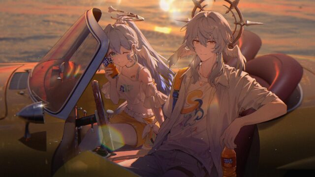 Anime Characters Enjoying a Golden Hour Road Trip Desktop Wallpaper