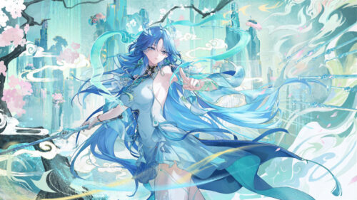 Stunning Blue-Haired Anime Fantasy Goddess with Celestial Spear 4K Desktop Wallpaper