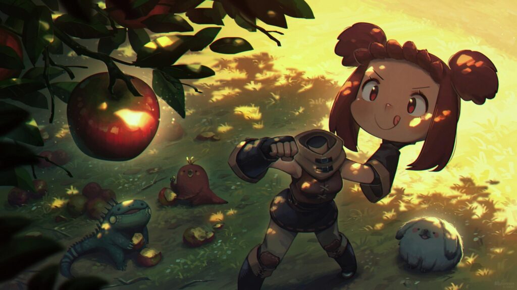 Anime Girl and Cute Creatures in an Orchard 4K Desktop Wallpaper
