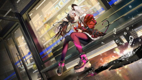 Anime Girl Sitting Outside Convenience Store at Night 4K Wallpaper