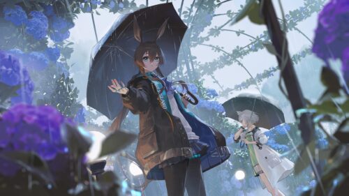 Amiya and Kal’tsit Rainy Garden Scene Arknights Desktop Wallpaper