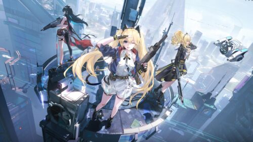 Anime Girls Holding Weapons in a Futuristic Cyberpunk City Desktop Wallpaper