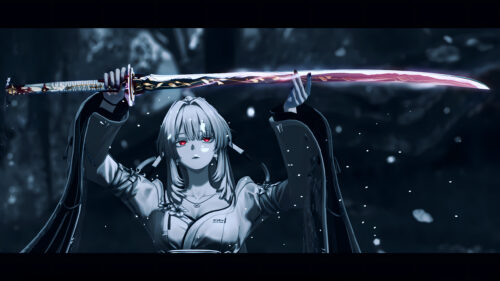 Anime Girl Holding Glowing Katana Samurai Sword Dark Atmospheric Desktop Wallpaper