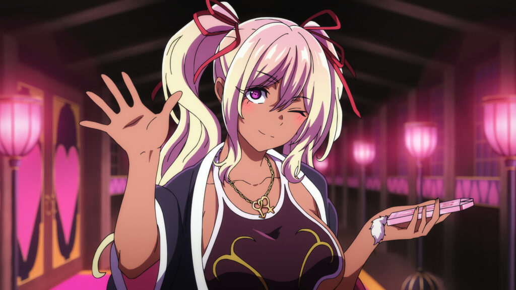 Cute Anime Girl with Twin Tails Winking in Pink Neon Room PC Wallpaper