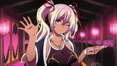 Cute Anime Girl with Twin Tails Winking in Pink Neon Room PC Wallpaper