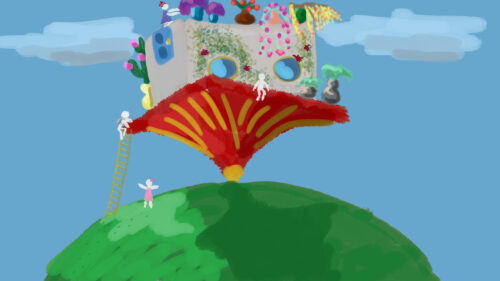 Whimsical Floating House Fantasy Art Illustration 4K Wallpaper