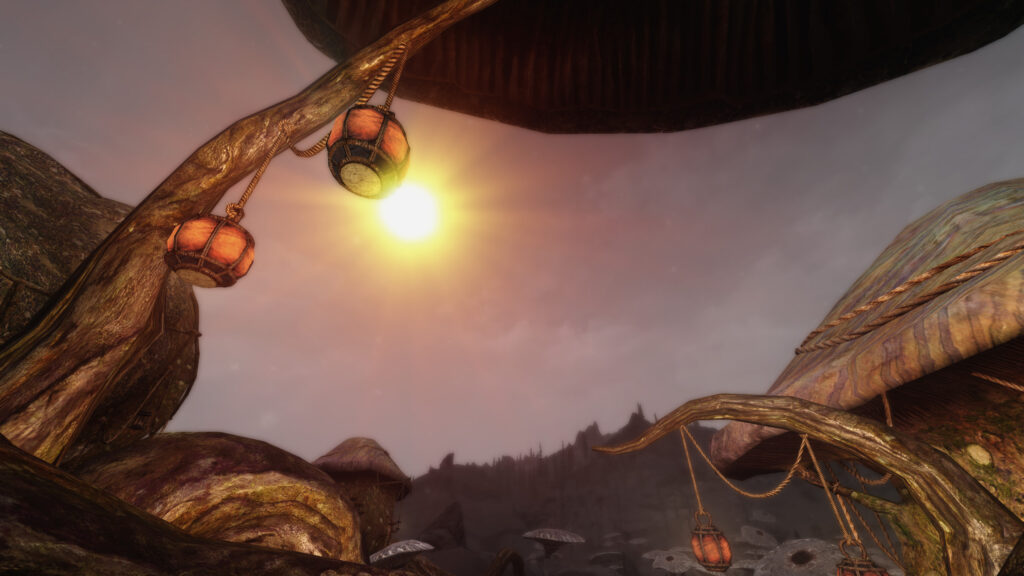 Morrowind Solstheim Mushroom Architecture at Sunset Desktop Wallpaper
