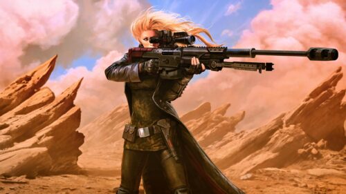 Blonde Sniper Warrior in Desert Landscape Desktop Wallpaper