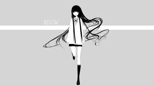 Minimalist Anime Girl with Long Flowing Hair Snow Desktop Wallpaper