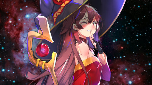Megumin Konosuba Winking Anime Girl in Space Desktop Wallpaper