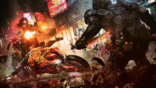 Cyberpunk Street Combat with Futuristic Motorbike Action 4K Desktop Wallpaper