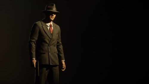 Noir Detective in Suit Holding Pistol Cinematic 4K Wallpaper