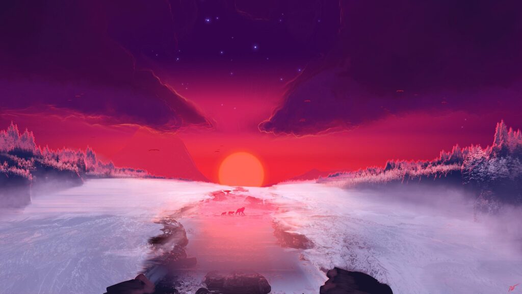 Wolf Pack Walking on Frozen River Under Red Sunset 4K Desktop Wallpaper