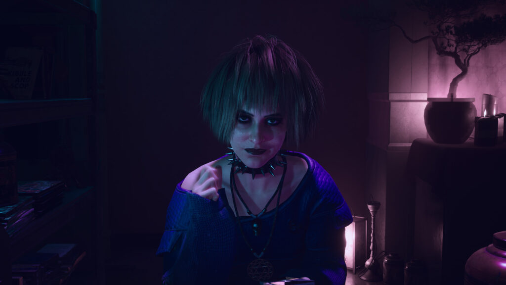 Gothic Girl with Spiked Choker in Neon Purple Lighting 4K Desktop Wallpaper