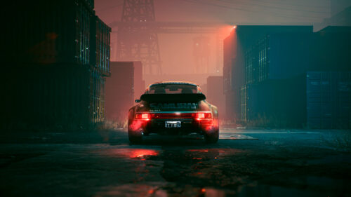 Cyberpunk Porsche 911 Samurai Edition Rear View Industrial Night 4K Wallpaper