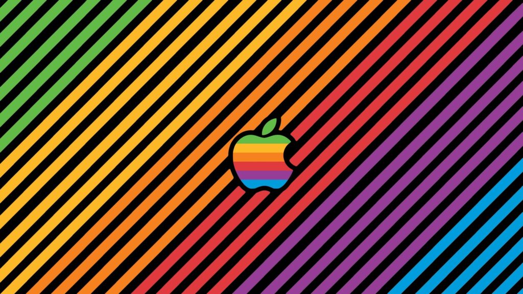 Retro Rainbow Apple Logo With Diagonal Striped Background 4K Desktop Wallpaper