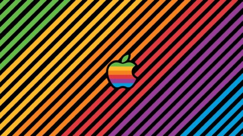 Retro Rainbow Apple Logo With Diagonal Striped Background 4K Desktop Wallpaper