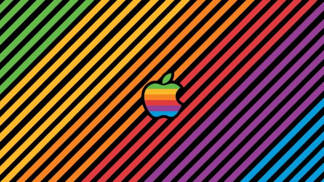 Retro Rainbow Apple Logo With Diagonal Striped Background 4K Desktop Wallpaper