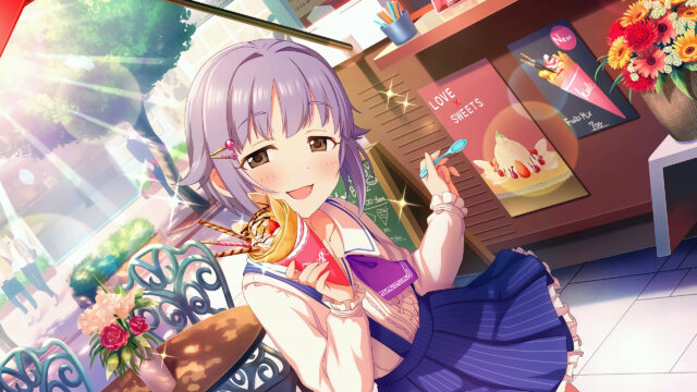 Anime Girl Enjoying a Delicious Crepe at a Cafe Desktop Wallpaper
